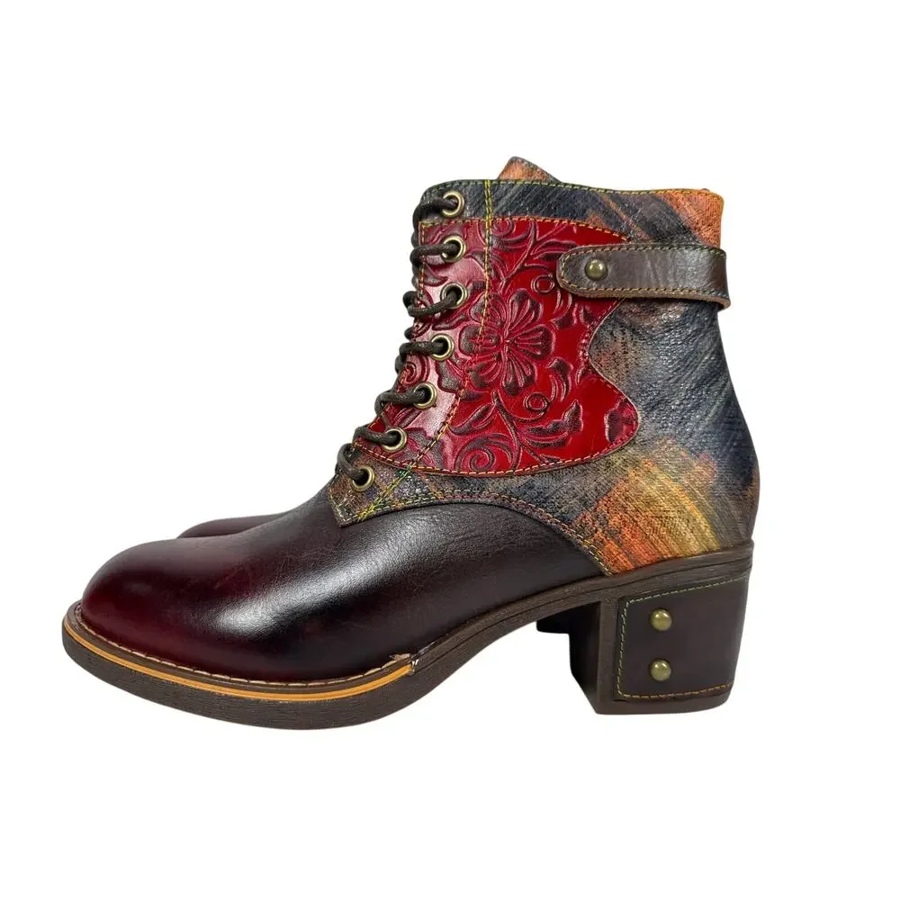 L'Artiste Spring Step Harmonic Boots Women 7.5-8 EU 38 Floral Plaid‎ Leather Zip